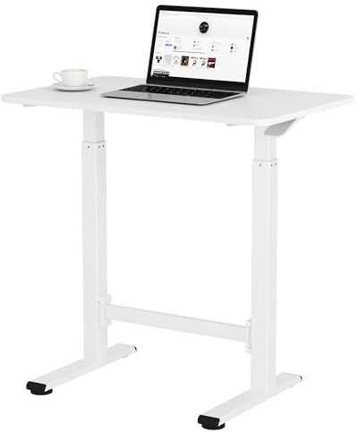 SANODESK Small Standing Desk 80×45cm with Wheels, Height Adjustable Desk with Eco-Friendly Double Column Gas Spring for Bed and Sofa, Mobile and Multifunctional, Wooden Top, White