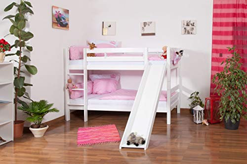 Kinderbett Etagenbett Moritz Buche Vollholz massiv, Farbe: weiß lackiert, inkl. Rutsche, inkl. Rollrost, Maße: 90 x 200 cm, teilbar