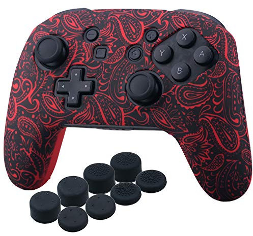 YoRHa Studded Transferdruck Silikon Hülle Abdeckungs Haut Kasten Nur für Offiziell Switch Pro Controller x 1 (Blätter rot) Mit Pro aufsätze Thumb Grips x 8