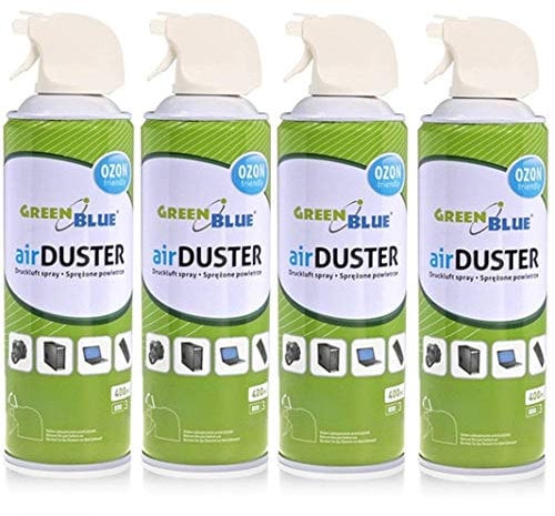 Green Blue Druckluftspray Set 4 x 400ml | Air Duster mit Pistolen-Zerstäuber & Sprühröhrchen | FCKW-frei zur kontaktlosen Reinigung von Elektronik Tastaturen Kameras u.v.m.