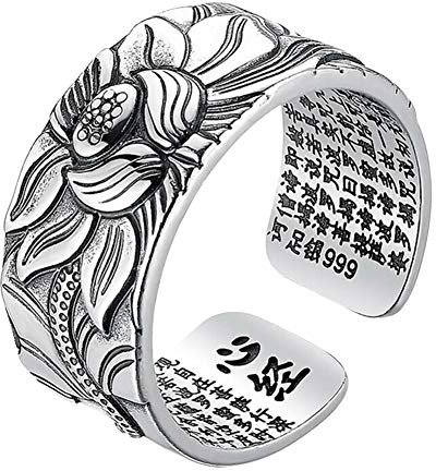 Fanville 99 Silber Lotus Ring mit Herz Sutra Einstellbare Open End Fingerring Schmuck Geschenke Silber Band Ringe für Frauen Mutter Geschenke
