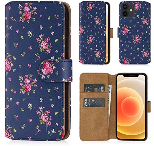 32nd Floral Series 2.0 - Design PU Leather Book Wallet Case Cover for Apple iPhone 12 Mini (5.4), Designer Flower Pattern Wallet Style Flip Case With Card Slots - Vintage Rose Indigo