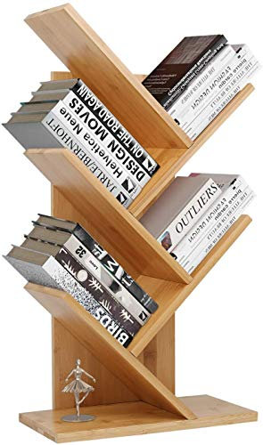 Bücherregal 4 Ebenen Raumteiler Standregal Holzregal, Kleines Bücherregal zur Präsentation Baumform, Raumteiler Standregal Büroregal,Mehrstöckiges Regal für Wohnzimmer, 64.5x37x16cm, Bambus