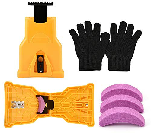 ACBungji Zahnschärfer Kettensägenschärfer mit 3 Stück Schleifstein und 1 Paar Handschuhe für Holzbearbeitung, Kettensäge, Kettenschärfgerät, selbstschärfend, schnell Holzbearbeitung