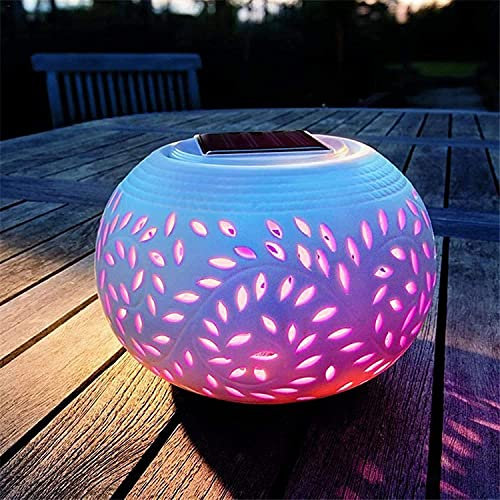 Solarize ® Solar Light Table Elegant Ceramic Lantern, LED Decorative Outdoor Lamp, 2 Function Soft White I Colour Changing RGB Filigree Garden Party (1 Solar Table Lantern)
