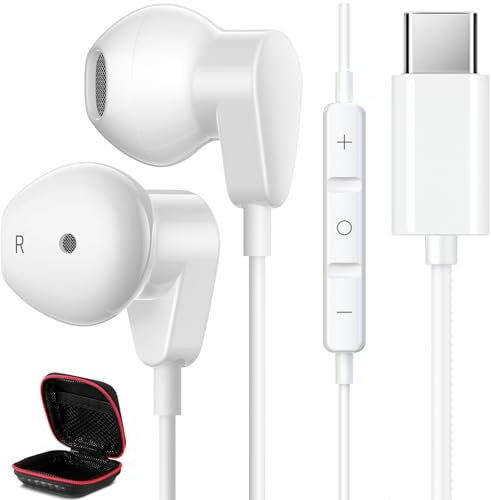 HGCXING USB C Headphone for iPhone 16 15 Pro Max Samsung S25 Ultra S24 FE Galaxy Tab S10+, HiFi Stereo Type C Earphone with Microphone, Wired Earbuds with Volume Control for iPad 10 Google Pixel 9 Pro