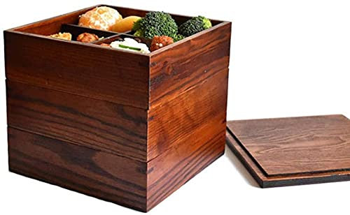 FBWSM Wooden bento lunch box, traditional double-layer stackable food container, picnic sushi box