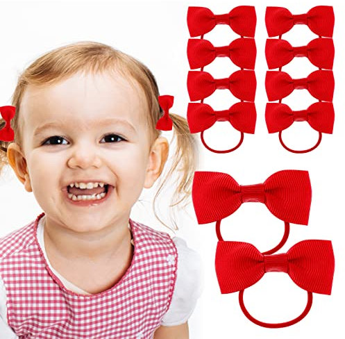 Molain 10 Pieces Baby Rubber Bands Red Nylon Bows Head Wraps Ties Headband Ponytail Holders Hair Styling Easter Cosplay Cheerleading Dancing Headpiece