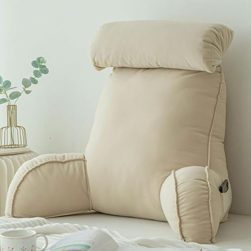 Lesekissen mit Armlehnen,Rückenkissen für Sofa,Bücherkissen Für Bett,mit Abnehmbarer Nackenrolle,Sitzstützkissen Zum Entspannen,Spielen,Lesen,Fernsehen,Champagne Color
