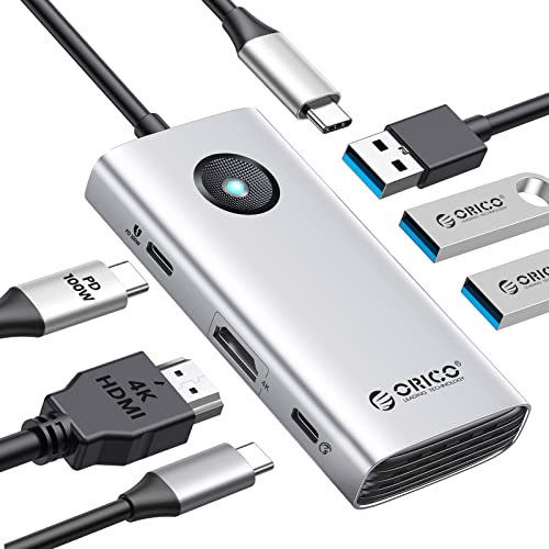 ORICO USB C Docking Station, 6 in 1 USB C to USB Adapter with 3 USB 3.0 Ports,1 USB-C, HDMI(4K@30Hz), PD100W, USB C Hub Multiport Adapter for MacBook/Dell/HP/Surface/Lenovo Silver