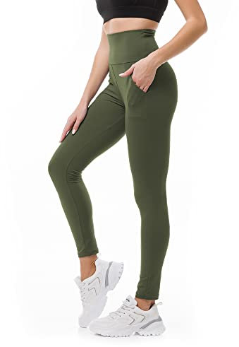 SINOPHANT Sport Leggings Damen mit Taschen, High Waist Sportleggins Lang Blickdicht Laufhose Fitnesshose Sporthose Yogahose für Yoga Sport(#1er Pack Armee Grün,L-XL)