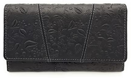 Lemasi echt Leder Damen Geldbörse Portemonnaie floral geprägt mit RFID/NFC Schutz (Schwarz)