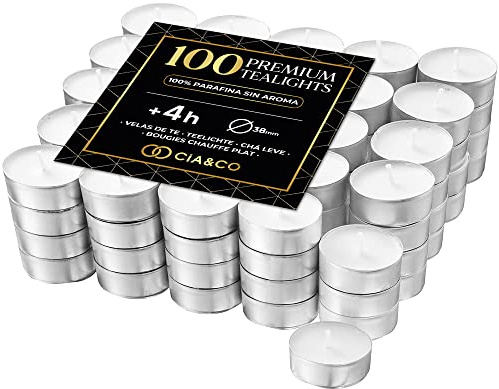 Cia&Co Velas de Té 4 Horas, Pack 100, Blancas, Sin Aroma, 38 mm | 100% parafina, ideales para hostelería, interior y exterior, carcasa de aluminio, mecha con autoapagado