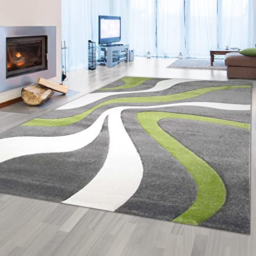 Designer Teppich mit geschwungenen Linien | pflegeleicht | grün grau weiß, 160 x 230 cm