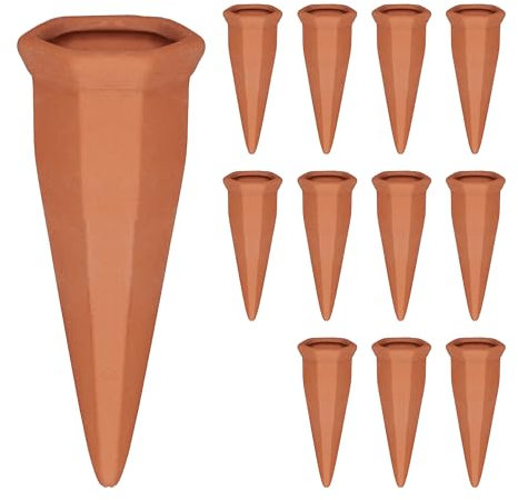 Relaxdays Set da 12 Coni da Irrigazione, per Piante e Fiori, Innaffiatori per Bottiglie da 1,5 Litri in Pet, Terracotta, Ceramica, 13 x 5 x 4,5 cm