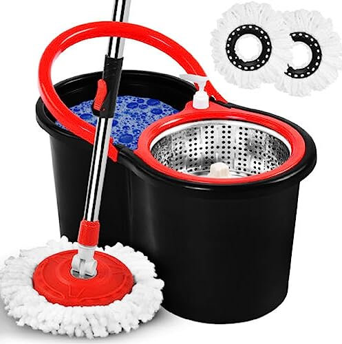 Faboer Spin Mop and Bucket Set | 360° Spin Wringer Mop for Cleaning Floor | Long Handle Extendable Stainless Steel | Rotating Mop Bucket with 2 Super Absorbent Microfibre Mop Head | Wet and Dry Mops