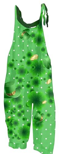 Rosennie Kleeblatt Ohrringe Onesie Fasching Grüne Latzhose Damen Kleeblatt Druck St Patricks Day Kostüm Spaghetti Jumpsuit Mit Taschen Wide Leg Playsuit Jumpsuit Elegant (Light Green, 3XL)