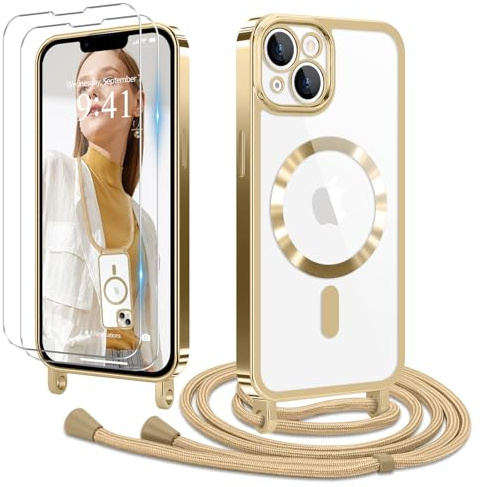 Ethanger für iPhone 14 Plus Hülle mit Band + 2 Schutzfolie, Gold | Handyband Transparent Silikon Handyhülle, Magnetische Schutzhülle Case zum Umhängen Kordel