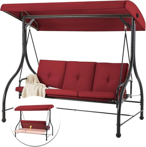 YODOLLA 3-Sitzer-Schaukel für die Veranda im Freien mit Verstellbarer Rückenlehne und Baldachin, Schaukel für die Terrasse mit abnehmbaren Kissen Schaukelbett für Veranda, Garten, Pool (Rot)