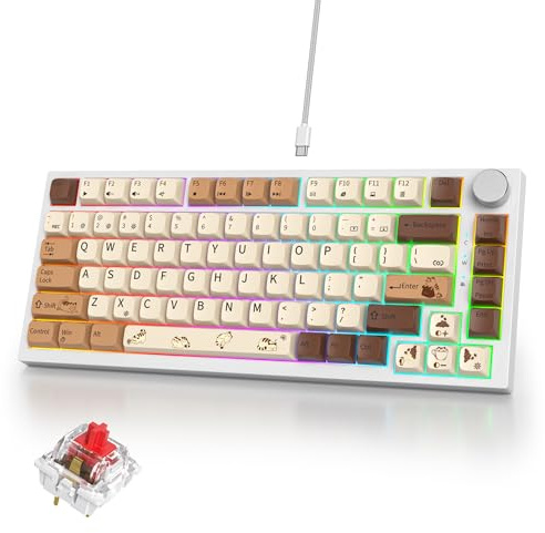 iRoboosta 75% Mechanical Gaming Keyboard Coffee Cat, Hot Swappable RGB Backlit Cute Keyboard with Knob, Gasket Mount USB Wired Keyboard, 82 Keys Linear Red Switch Keyboard (82 Coffee Cat)
