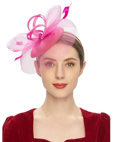 HIQIU Fascinators Hut für Damen Blume Mesh Federn Tüll Bräute Kopfschmuck Haarschmuck mit Stirnband und Clip für Tea Party Hochzeit Kirche (DE/NL/SE/PL, Alphanumerisch, Einheitsgröße, Rosarot)