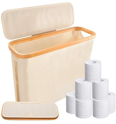 Boîte de rangement pour papier toilette, organiseur de salle de bain avec poignée et couvercle en bambou, boîte de rangement de papier toilette mince, capacité pour 12 grands rouleaux, beige