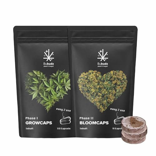 Bubudz Kapseln Grow & Bloom Set | Cannabis Dünger mit Anzuchttöpfen | Hanf Kapseldünger Komplettset | Indoor & Outdoor für Hanf Pflanzen | Blühphase & Wachstumsphase | Biologischer Dünger