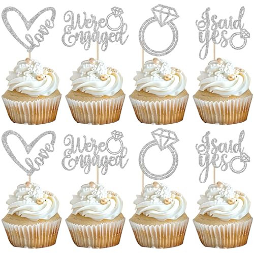Xsstarmi 24 Pack We're Engaged Cupcake Toppers Diamond Ring Glitter Love Sweet Heart She Said Yes Cupcake Picks Decoration for Wedding Engagement Bridal Shower Party Cake Decorations Supplies Silver