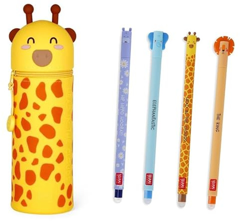 Legami - Trousse scolaire Kawaii 2 en 1 en silicone souple, porte-stylo de table, fermeture éclair, crayons de couleur, marqueur, H 18,5 cm, girafe + lot de 4 stylos « Wildlife », x