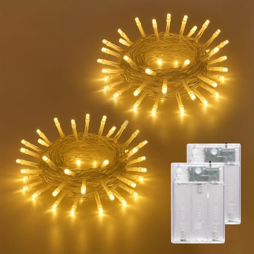 LEECOCO Cadena de luces LED con pilas, luz blanca cálida, iluminación navideña, decoración de boda, fiesta, terraza, decoración de árboles, Halloween, dormitorio (2 unidades de 5 m, 50 ledes, blanco