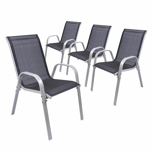 Nexos 4er Set Stapelstuhl BARI aus Textilene/Stahl – Farbe: Rahmen grau/Bespannung schwarz