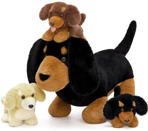 MorisMos 45cm lang Dackel Hund Mama Kuscheltier XXL mit 3 welpen im Bauch, Schwarz dackel plüschhund weich plüschtier stofftier, dogteddy Geburtstag Weihnachten Geschenk Kinder Baby