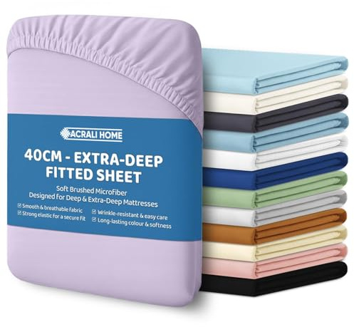 ACRALI HOME Microfiber Super King Fitted Sheet 40cm Extra Deep Fit Pocket - Breathable, Soft & Easy Care Lilac Bed Sheet - Wrinkle Free & Fade Resistant (200x180cm)