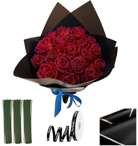 Yeory Bouquet de Roses à Paillettes, 20pcs 9, 5 Pouces Bouquet de Fleurs Brillantes Brillantes, Fausses Roses Bricolage avec la Tige, des Rubans enveloppés et du Papier d'emballage Rouge, des Fleur