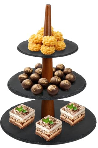 Focenat Etagere 3-stöckig aus Schiefer & Holz, Ø25/20/15 cm, rustikaler Servierständer mit Anti-Rutsch Pads, Stabiler Kuchenständer für Muffins, Cupcakes, Käse, Obst, Snacks, für Party Hochzeit