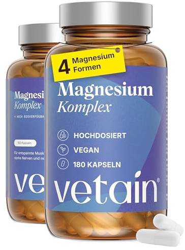 VETAIN Magnesium Komplex hochdosiert - 4-Fach Complex - 360 Kapseln | 4 hochbioverfügbare Formen: Magnesium Bisglycinat, Citrat, Malat & Taurat - 358mg pro Tag - ohne Oxid - vegan & laborgeprüft