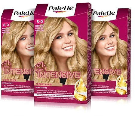 Palette Intensive Creme Color 8-0 Rubio Claro, tinte de pelo permanente con aceite de macadamia y almendras, cubre el 100% de las canas y raíces, para un color radiante, Pack 3