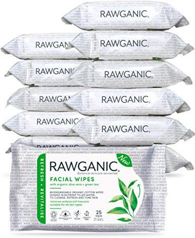 RAWGANIC Refreshing Facial Wipes | Gentle Soothing, Alcohol-free, Fragrance-free, Biodegradable Organic Cotton Wipes | with Aloe Vera and Green Tea, Box of 12 Packs