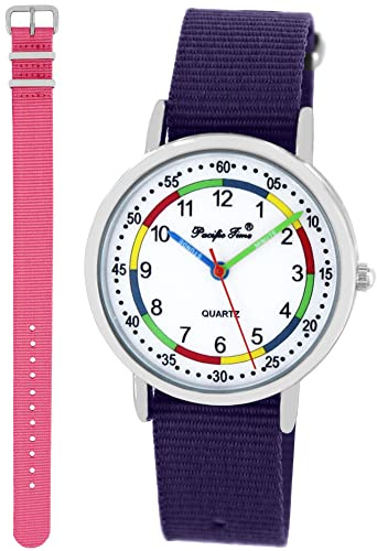 Pacific Time Kinderuhr Lernuhr Mädchen Geschenk-Set 2 Armbänder | Wechselarmband, Lernzifferblatt 1–12/05–60 Min., 5 ATM wasserdicht, Geschenk Einschulung Geburtstag Weihnachten.