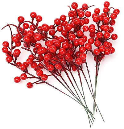 lulalula Künstliche Beeren Fake Mini Holly Berries Simulation Dekorative Früchte, Pflanzen Blumenstrauß Hochzeit Party Favor rot, 10Pcs, 26 cm