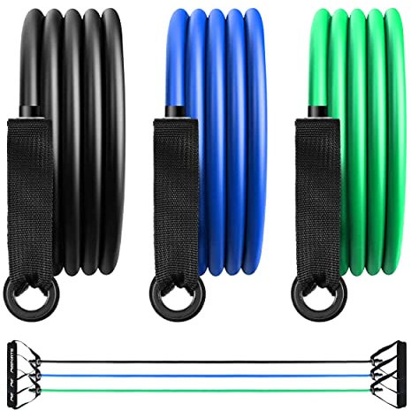 MSPORTS Tube Expander Premium 3er Set | Resistance Band mit Schaumstoffgriffen in 3 versch. Stärken inkl. Workout App | Für Yoga Pilates Fitness Kraft Training