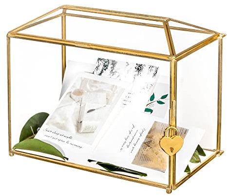 NCYP 26cm Large Geometric Glass Card Box Terrarium mit Schlitz und Herzschloss, Fuß, Gold, handgefertigt, Messing, für Hochzeitsempfang, Wishwell, Andenken-Herzstück, Glasbox und nur Schloss