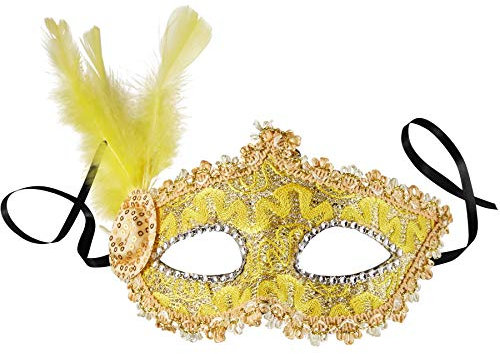 dressforfun 900888 Venezianische Maske mit seitlicher Feder für Damen, Augenmaske mit Stoffmuster, Zierborte und Strass für Ball Fasching Karneval Halloween - diverse Farben - (gelb | Nr. 303547)