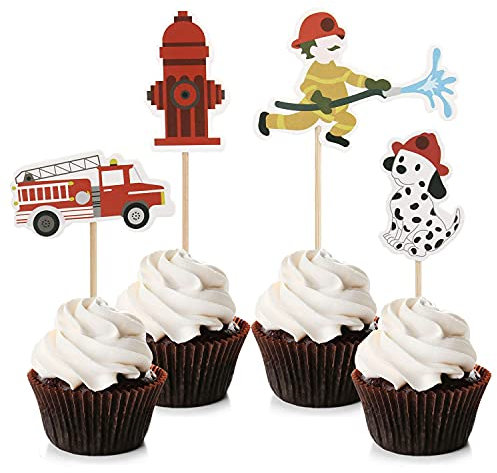 Unimall Global 24 Stück Feuerwehrmann Cupcake Toppers Feuerwehr Cake Toppers Picks Babyparty Geburtstagsfeier Dekoration Zubehör
