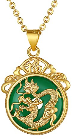 Collier Dragon Femme Turquoise Jade Pendentif Rond Bouddhiste Vert Homme Religieux Chinois Médaille Porte Bonheur Amulette Protection Chaine Garcon 18 pouce 45cm