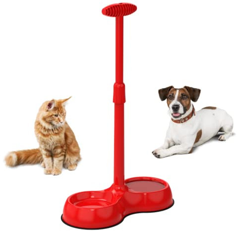 No Bend Pet Bowl - The Long Handled Pet Bowl with Adjustable Height and Easy-Grip Handle. Ideal Cat Bowl or for Smaller Dogs. Perfect for Food and Water. (Red)