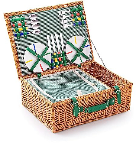 UNITED COLORS OF BENETTON. Picknickkorb für 4 Personen, 54 x 42 x 20 cm, 4 Keramikteller 17,9 x 1,7 cm, 4 Gabeln, 4 Messer, 4 Löffel und 4 Gläser
