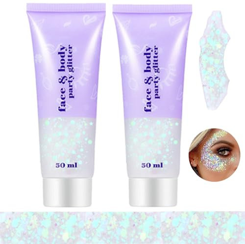 Go Ho 2 PCS Clear White Body Glitter Gel,Mermaid Fairy White Face Glitter Adhesive Chunky Glitter,Long Lasting Holographic Glitter Makeup,Face Gems for Festival Glitter,Rave Accessories
