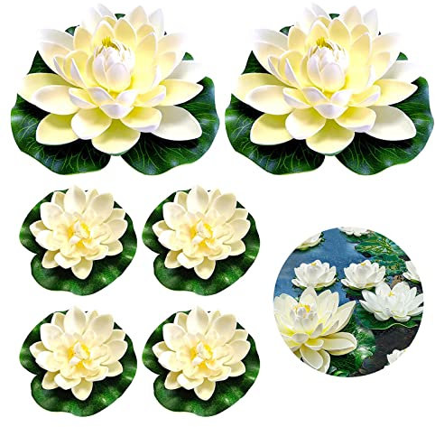 DOMINICK 6 Stück Schwimmende Blumen,Künstliche Seerosen Weiß Seerose Lotusblüte 10/18cm Lotusblüte Wasserlilie für Verwendet in Pools, Aquarien, Bachszenen(10cm×4+18cm×2)