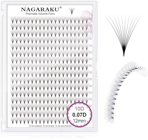 NAGARAKU Eyelash Extensions 320 Pcs Premade Fans Russian Volume Long Stem Premade Fans Thin Pointy Base Natural Pre Fanned Fluffy False Eyelash Clusters Black 16 Rows (10D 0.07 D Curl 12mm)